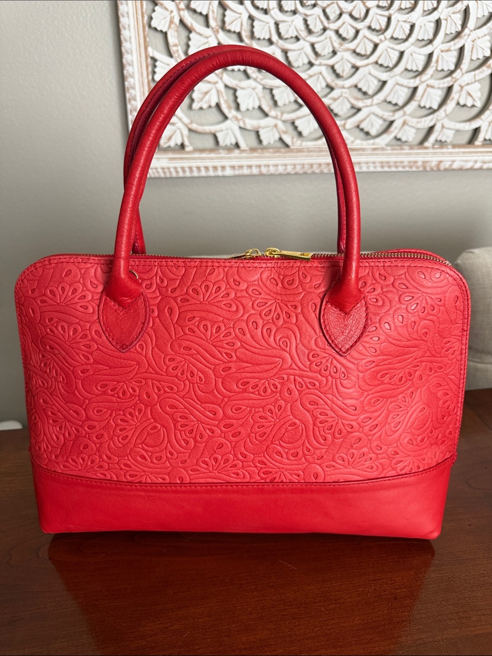 Borse in Pelle Italy Red Embossed Leather Purse Tote with Top Handles